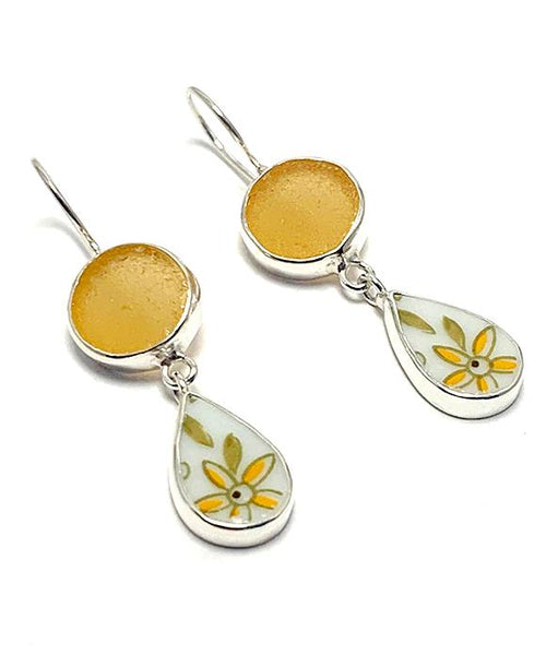 Amber Sea Glass with Retro Yellow Daisy Vintage Pottery Double Drop Earrings