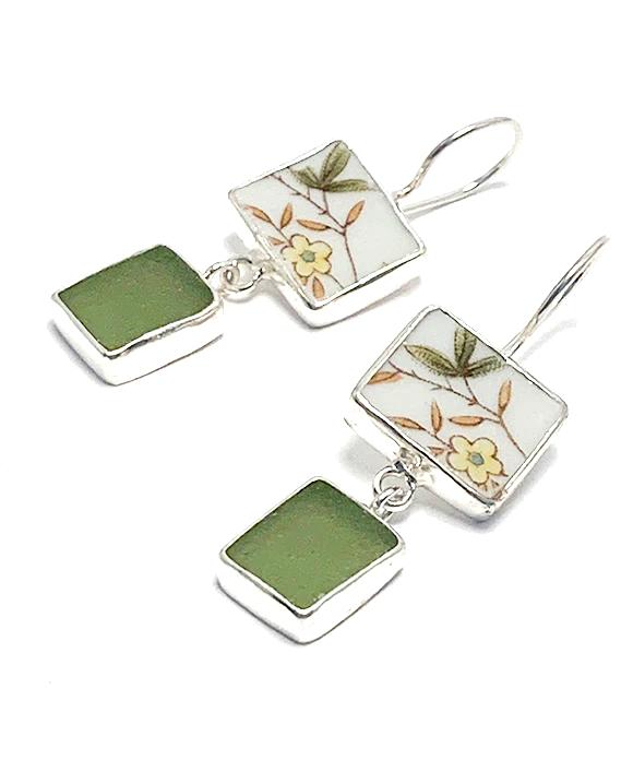 Little Yellow Flowers & Olive Sea Glass Double Drop Earrings