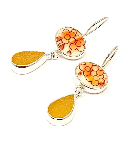 Orange Flower Vintage Pottery with Amber Sea Glass Double Drop Earrings