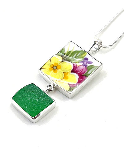 Bold Yellow & Pink Flower Vintage Pottery with Green Sea Glass Double Pendant