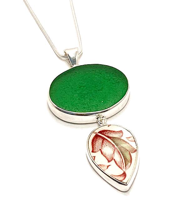 Large Green Sea Glass with Red & Green Vintage Pottery Double Pendant