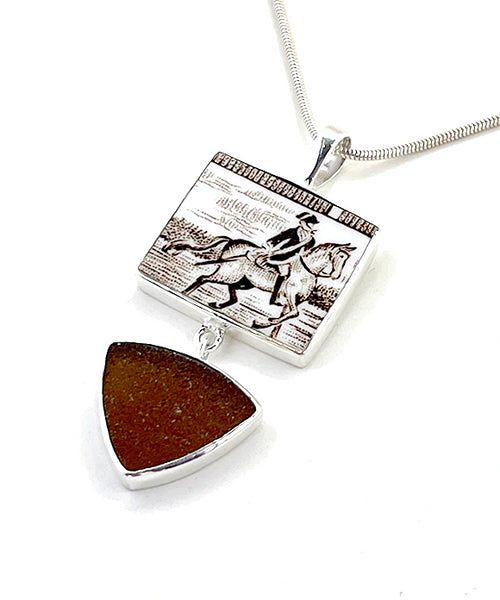 Brown & White Horse Rider Vintage Pottery with Brown Sea Glass Double Pendant