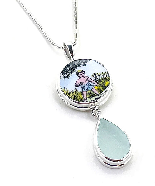 Boating Boy Vintage Pottery with Aqua Sea Glass Heavy Rimmed Double Pendant