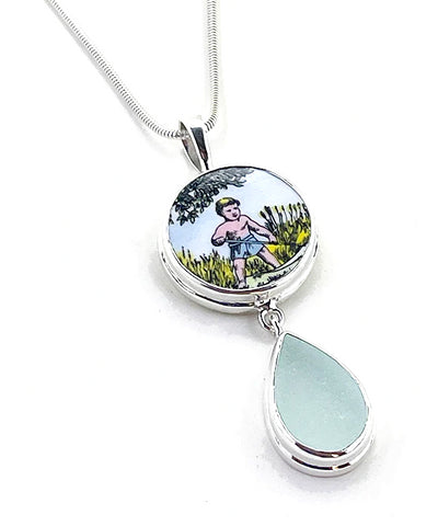 Boating Boy Vintage Pottery with Aqua Sea Glass Heavy Rimmed Double Pendant