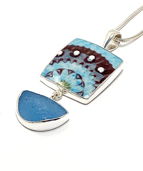 Bold Turquoise Spanish Vintage Pottery and Turquoise Sea Glass Double Pendant