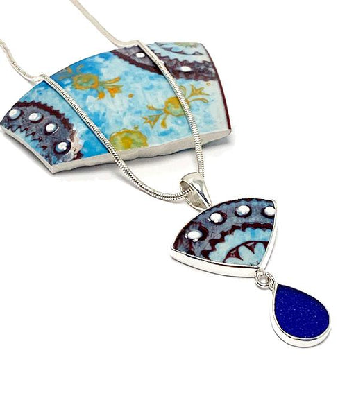 Dark Turquoise & Purple Spanish Vintage Pottery and Cobalt Blue Sea Glass Double Pendant