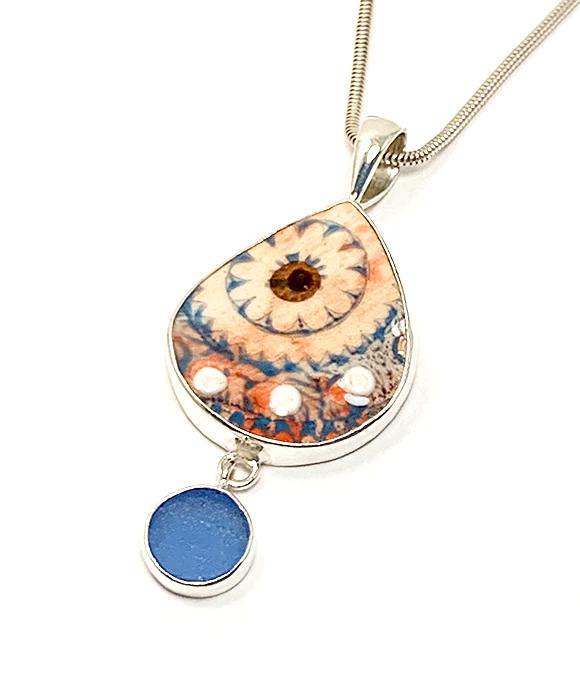 Pink & Turquoise Spanish Vintage Pottery and Blue Sea Glass Double Pendant