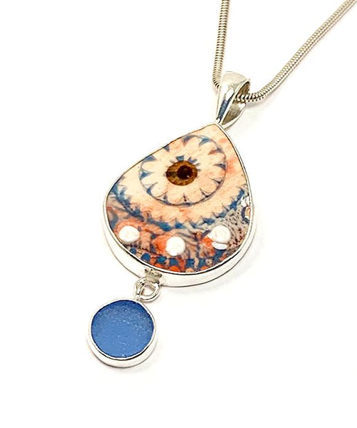 Pink & Turquoise Spanish Vintage Pottery and Blue Sea Glass Double Pendant