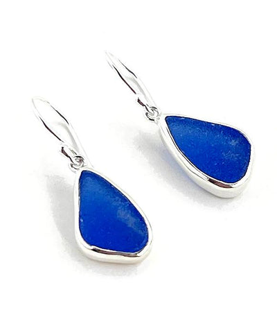 Dark Blue Sea Glass Open Back Drop Earrings