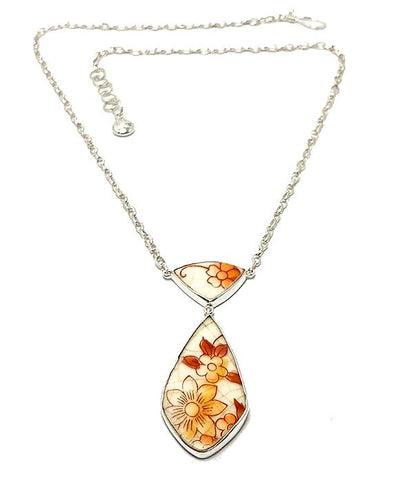 Orange Flowers Vintage Pottery Tie Necklace