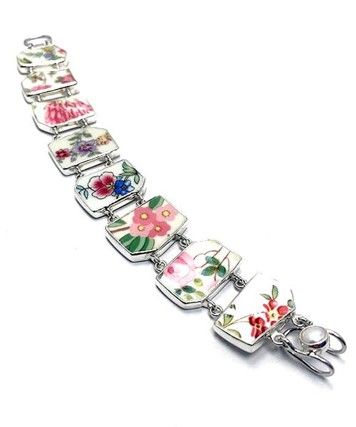 Various Pink Floral on White Vintage Pottery Shards Double Link Shard Bracelet - 7 1/2