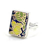 Bold Colorful Blue & Gold Rectangle Vintage Pottery Ring- Size 7.5