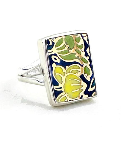 Bold Colorful Blue & Gold Rectangle Vintage Pottery Ring- Size 7.5