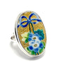 Large Rare Blue Flower with Gold Vintage Pottery Statement Ring- Size 8