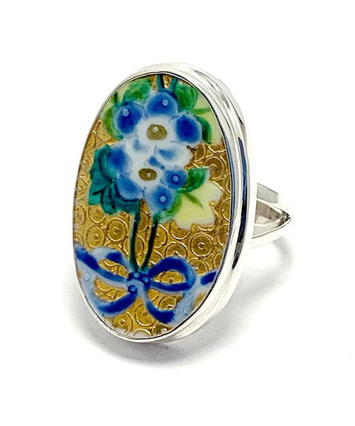 Large Rare Blue Flower with Gold Vintage Pottery Statement Ring- Size 8