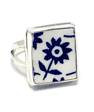 Blue & White Daisy Rectangle Vintage Pottery Ring- Size 7.5