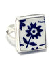 Blue & White Daisy Rectangle Vintage Pottery Ring- Size 7.5