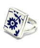 Blue & White Daisy Rectangle Vintage Pottery Ring- Size 7.5