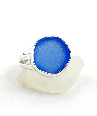 Blue Sea Glass Split Band Ring - Size 6