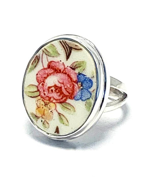 Pink Rose Bouquet Oval Vintage Pottery Ring- Size 6
