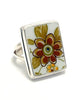 Brown & Black Modern Flower Vintage Pottery Rectangle Ring- Size 9