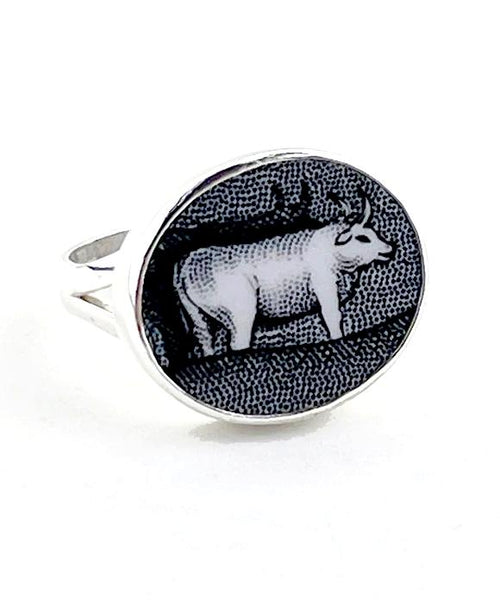 Black & White Cow Vintage Pottery Ring- Size 9