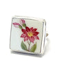 Big Pink Flower and Leaves Square Vintage Pottery Ring- Size 7