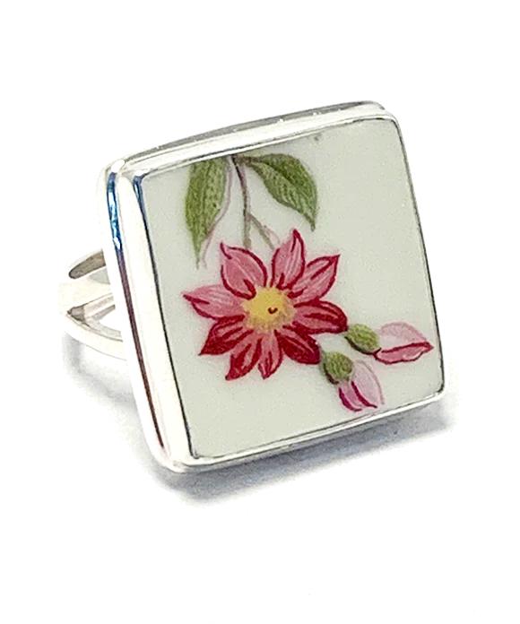 Big Pink Flower and Leaves Square Vintage Pottery Ring- Size 7