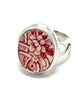 Small Red & White Floral Vintage Pottery Ring- Size 5.5