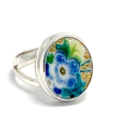 Rare Blue Flower with Gold Vintage Pottery Ring- Size 7