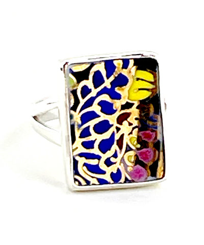 Bold Colorful Blue & Gold Rectangle Vintage Pottery Ring- Size 6.5