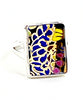 Bold Colorful Blue & Gold Rectangle Vintage Pottery Ring- Size 6.5