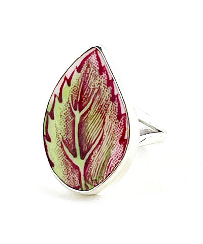 Red & Green Leaf Vintage Pottery Ring- Size 9