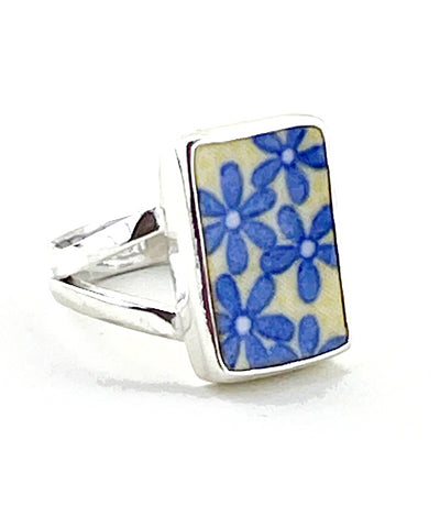 Blue Flowers on Yellow Vintage Pottery Ring- Size 5