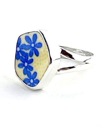 Blue Flowers on Yellow Vintage Pottery Shard Shape Ring- Size 8