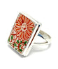 Orange & Green Flower Round Vintage Imari Pottery Ring- Size 7.5