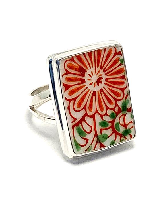 Orange & Green Flower Round Vintage Imari Pottery Ring- Size 7.5