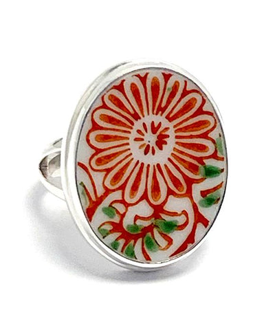 Big Rust & Green Flower Vintage Imari Pottery Ring- Size 9