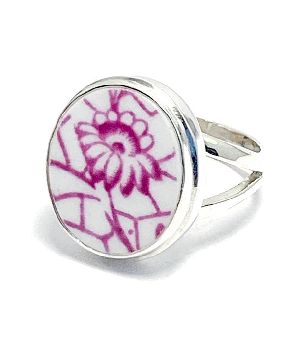 Lilac Purple & White Flower Vintage Pottery Rectangle Ring- Size 8