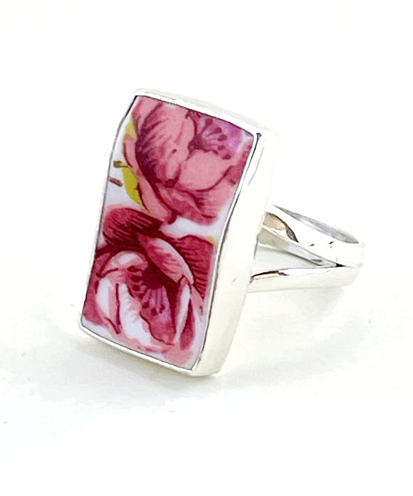 Bold Pink Flowers Vintage Pottery Ring- Size 6.5