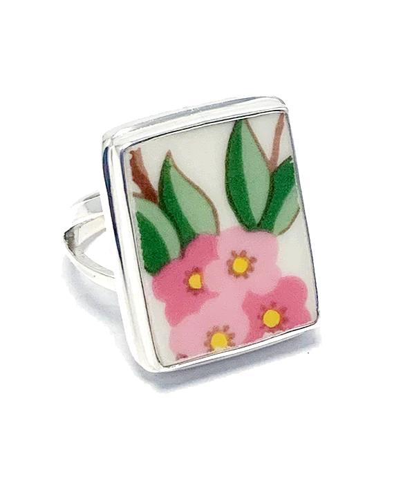 Simple Pink Flower and Leaves Rectangle Vintage Pottery Ring- Size 8.5