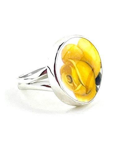 Bold Yellow Rose Vintage Pottery Round  Ring- Size 8