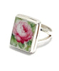 Detailed Pink Rose and Leaves Vintage Pottery Rectangle Ring- Size 7.5