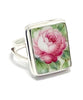 Detailed Pink Rose and Leaves Vintage Pottery Rectangle Ring- Size 7.5