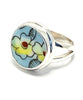 Yellow Flowers on Aqua Background Round Vintage Pottery Ring- Size 6