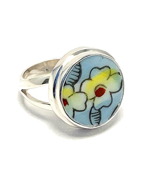 Yellow Flowers on Aqua Background Round Vintage Pottery Ring- Size 6