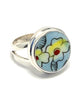 Yellow Flowers on Aqua Background Round Vintage Pottery Ring- Size 6