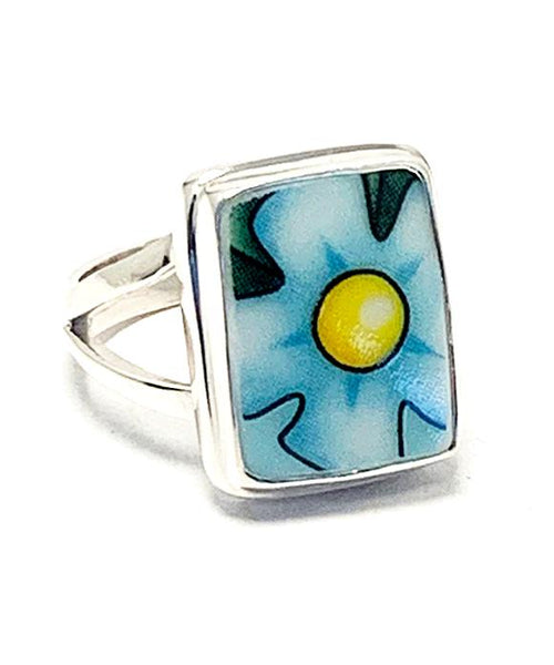 Light Aqua & Yellow Flower on Aqua Rectangle Vintage Pottery Ring- Size 7