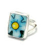 Light Aqua & Yellow Flower on Aqua Rectangle Vintage Pottery Ring- Size 7