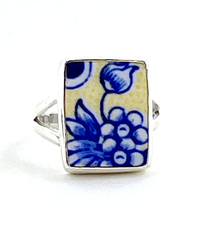 Blue Flowers on Yellow Vintage Pottery Rectangle Ring- Size 6.5